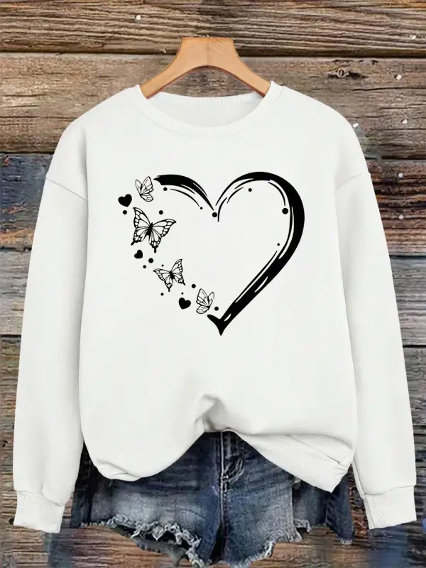 Kalp Şeklinde Kelebek Baskılı Kazak Bayan Bisiklet Yaka Temel Kapüşonlu Üst Bol Polar Sıcak G