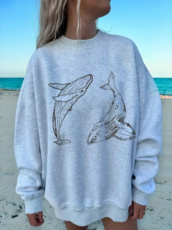 Kambur Balina Baskı Tişörtü Bayan Sonbahar Polar Sıcak Kapüşonlular Crewneck Gevşek Kazaklar