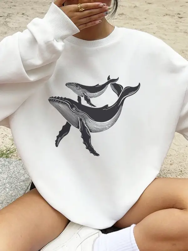 Kambur Balinalar Baskılar Tişörtü Bayan Polar Sıcak Sportif Hoodie Crewneck Gevşek Kazak Sonb