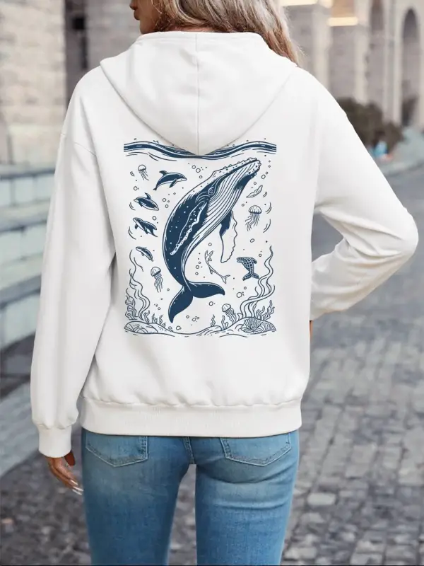 Kamburlu Balina Baskılı Kapüşonlu Üstler Kadın Rahat Bol Kazak Kışlık Polar Sıcak Sweatshirt