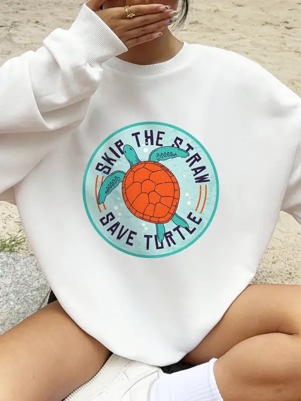 Kaplumbağa Baskı Tişörtü Kadın Sonbahar Kış Polar Sıcak Hoodies O-Boyun Gevşek Kazak Temeller