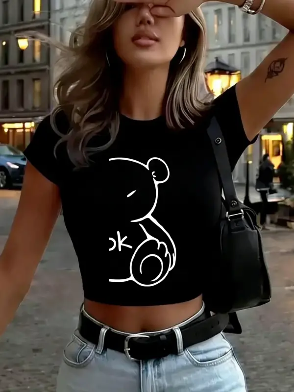 Karikatür Ayı Rahat Hissediyor Baskılı Kadın Babby TeeTişörtleri Yazlık Yuvarlak Yaka Dar Kesim Ü