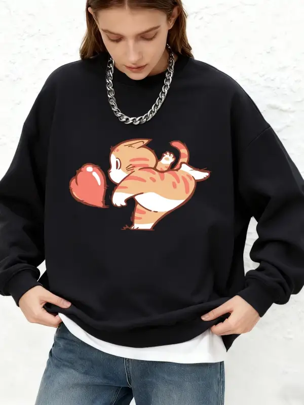 Karikatür Kedi Kırmızı Aşk Baskılı Kapüşonlu Üstler Kadınlar İçin Kışlık Uzun Kollu Yuvarlak