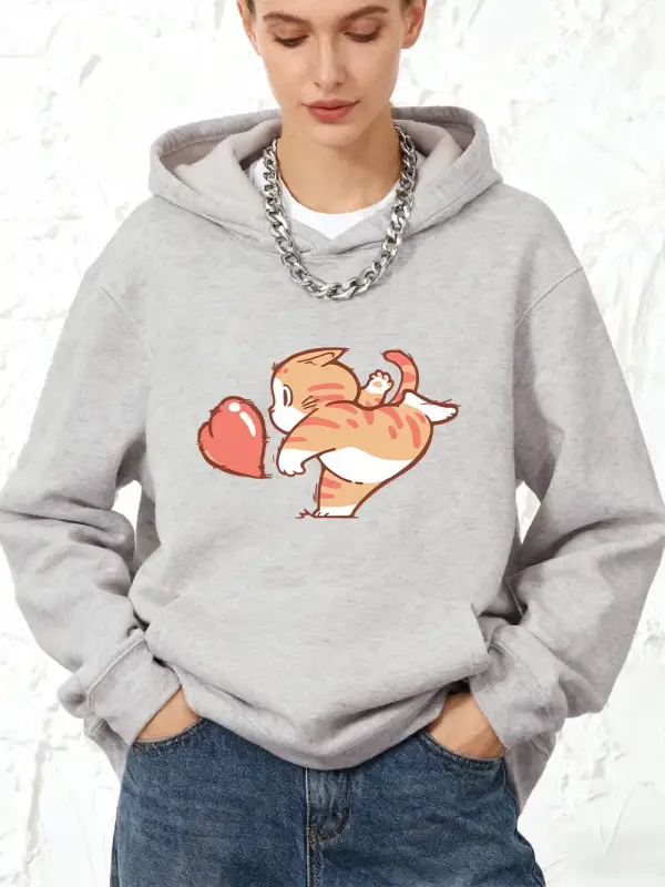 Karikatür Kedi Kırmızı Aşk Baskılı Pamuklu Kapüşonlu Üstler Kadın Spor Bol Sweatshirt Kışlık