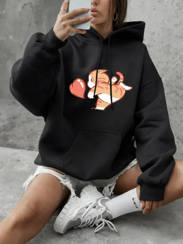 Karikatür Kedi Kırmızı Aşk Baskılı Sweatshirt Kadın Kışlık Polar Sıcak Kapüşonlu Üstler Basit