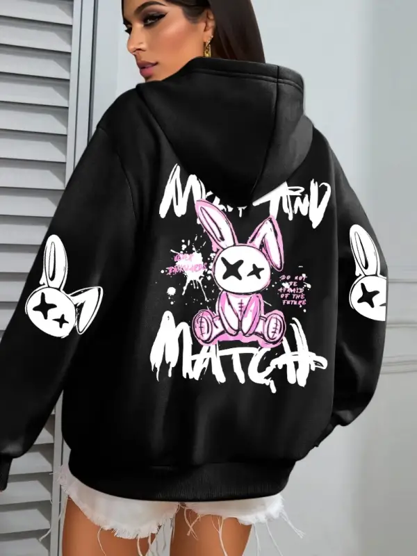 Karikatür tavşan baskılar karıştırın ve eşleştirin kadın kapüşonlu ceket cep streetwear haraj