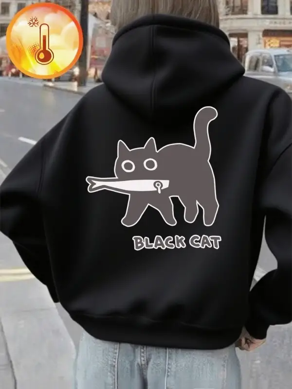 Karikatürler Siyah Kedi Baskılı Kapüşonlular Bayan Kış Polar Sıcak Tişörtü Rahat Gevşek Kazak