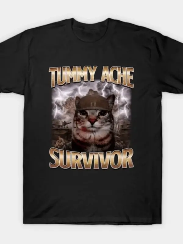 Karın Ağrısı Survivor Savaşçı Kedi Tasarım T-shirt Erkekler Kadınlar Için % 100% Pamuk T Shir