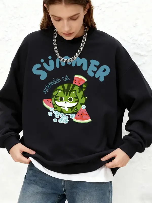 Karpuz Kedi Baskılı Kapüşonlu Üstler Bayanlar Kışlık Sıcak Uzun Kollu Sweatshirtler Günlük Jo