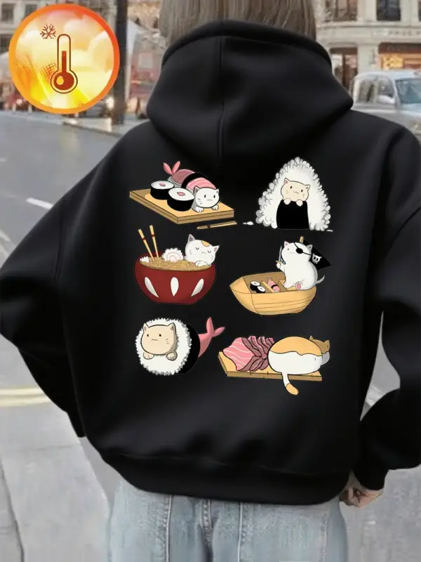 Kawaii Suşi Kediler Baskı Kapüşonlular Bayanlar Rahat Gevşek Tişörtü Kış Polar Sıcak Kazaklar