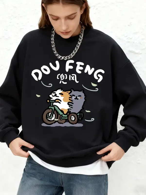 Kedi Bisiklete Biniyor Baskılı Kapüşonlu Üstler Kadınlar İçin Basit Yuvarlak Yaka Bol Sweatsh