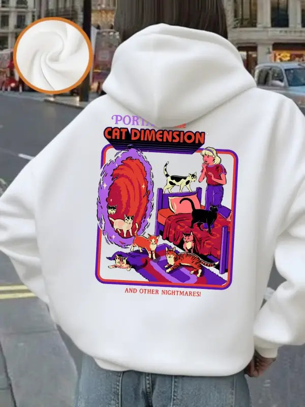 Kedi Boyutuna Giden Portal Baskılı Kapüşonlular Kadın Temel Giysileri Cepli Kazaklar Günlük B