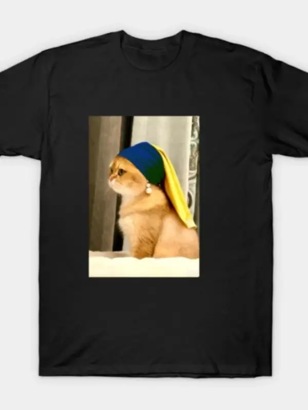 Kedi inci küpeli Meme T-shirt erkekler kadınlar için % 100% pamuklu tişörtler kısa kollu üstl