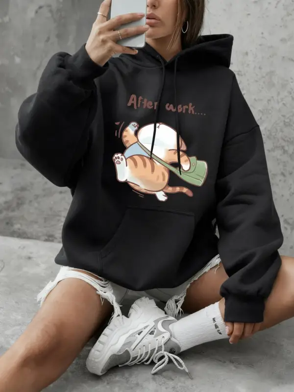 Kedi işten sonra koşuyor baskılar kazak kadın rahat gevşek kapüşonlu üst kış polar sıcak üstl