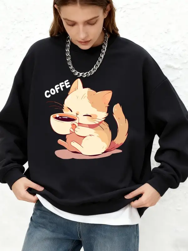 Kedi Kahve İçiyor Baskılı Kapüşonlu Üstler Kadınlar İçin Kışlık Yuvarlak Yaka Bol Sweatshirtl