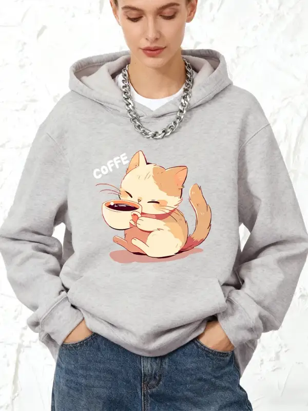 Kedi Kahve İçiyor Baskılı Pamuklu Kapüşonlu Üstler Kadınlar İçin Kışlık Polar Sıcak Sweatshir