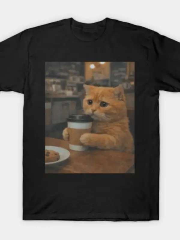 Kedi Kahve meme T-shirt Erkekler Kadınlar Için % 100% Pamuk T Shirt Kısa Kollu Üstler 0102-2