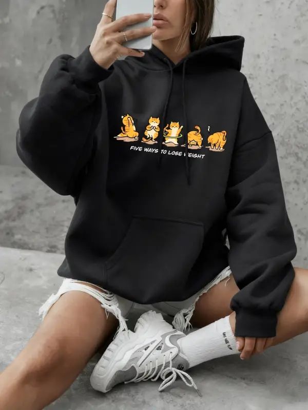 Kedi Kilo Kaybı Yapıyor Baskılı Sweatshirt Kadın Günlük Bol Kapüşonlu Kışlık Polar Sıcak Kaza