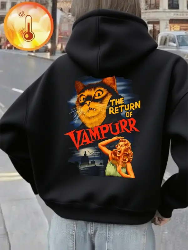 Kedinin Dönüşü baskılı kapüşonlu svetşört Bayan Kış Polar Sıcak Tişörtü Rahat Cep Kazaklar R