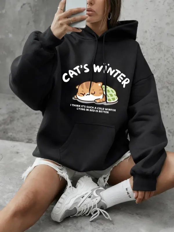 Kedinin Kış Uykusu Baskılı Kapüşonlu Üstleri Kadınlar İçin Basit Yuvarlak Yaka Sweatshirtler