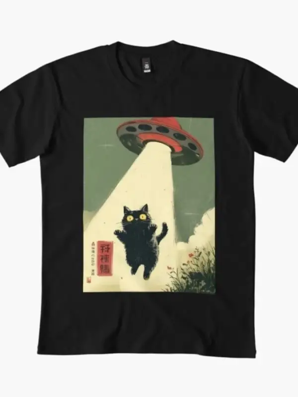 Kedi Selfiesi Uzaylı UFO Komik Japon Kedisi Retro Tişört Erkek Kadın %100 Pamuk Tişörtler Kıs