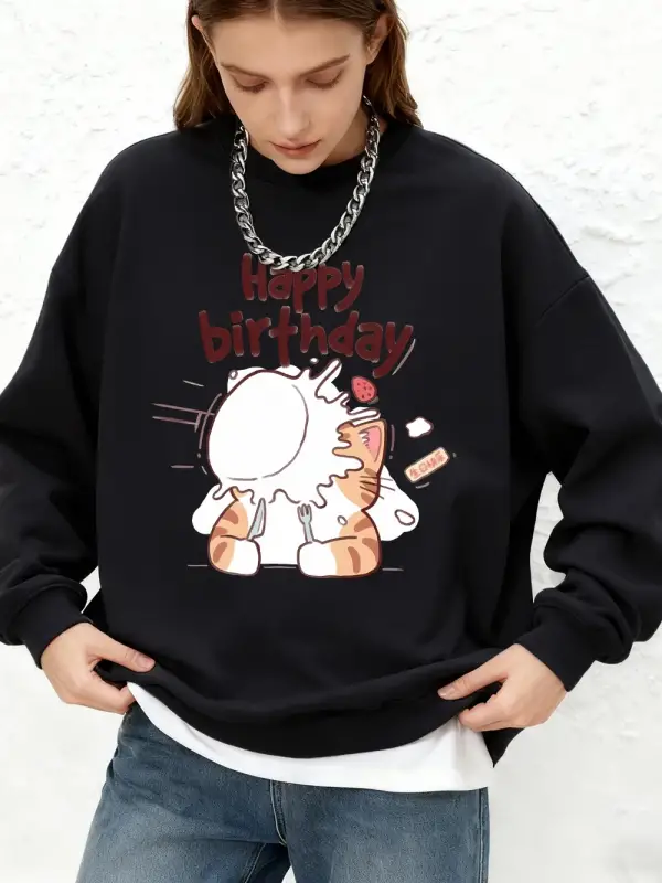 Kediler Doğum Günü Kutluyor Baskılı Kapüşonlu Üstler Kadınlar İçin Kışlık Büyük Beden Jogger