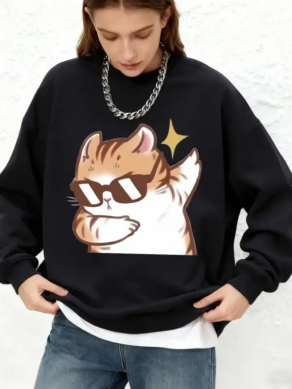 Kediler için serin güneş gözlüğü baskılı kapüşonlu svetşört kadın kış bisiklet yaka büyük boy