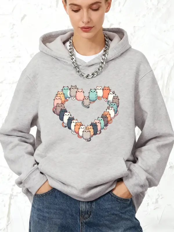 Kediler Kalp Baskı Kapüşonlular Pamuk Bayan Kış Polar Sıcak Kazak Koşu Cep Tişörtü Sportif Ge