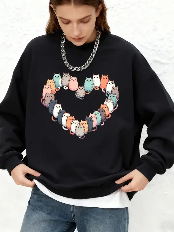 Kediler Kalp Baskılı Kapüşonlu Üst Bayan Basic Jogger Sıcak Kazak Kışlık Yuvarlak Yaka Oversi