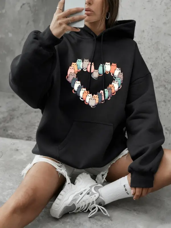 Kediler Kalp Baskılı Kapüşonlular Bayan Temel Ürünler Bisiklet Yaka Tişörtü Günlük Bol Kazakl