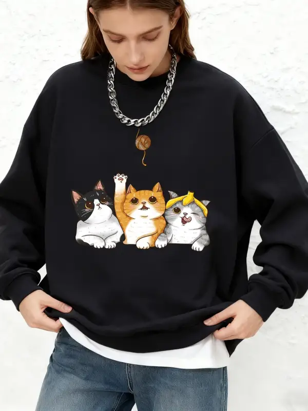 Kediler Kürk Topları Yakalıyor Baskılı Kapüşonlu Üstler Kadınlar Kışlık Bol Jogger Sweatshirt