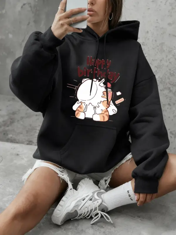 Kediler Mutlu Bir Doğum Günü Kutluyor Baskılı Sweatshirt Kadın Günlük Bol Kapüşonlu Kışlık Po