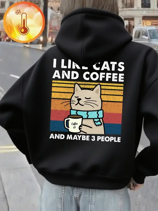 Kedileri Seviyorum Kahve Baskılı Kapüşonlu Üstler Kadın Rahat Bol Sweatshirt Kışlık Polar Sıc