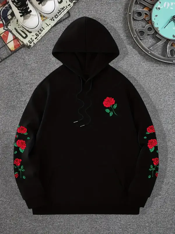 Kırmızı gül baskılı Hoodies rahat sokak kadın tişörtü rahat polar yumuşak kazak Clothes gevşe