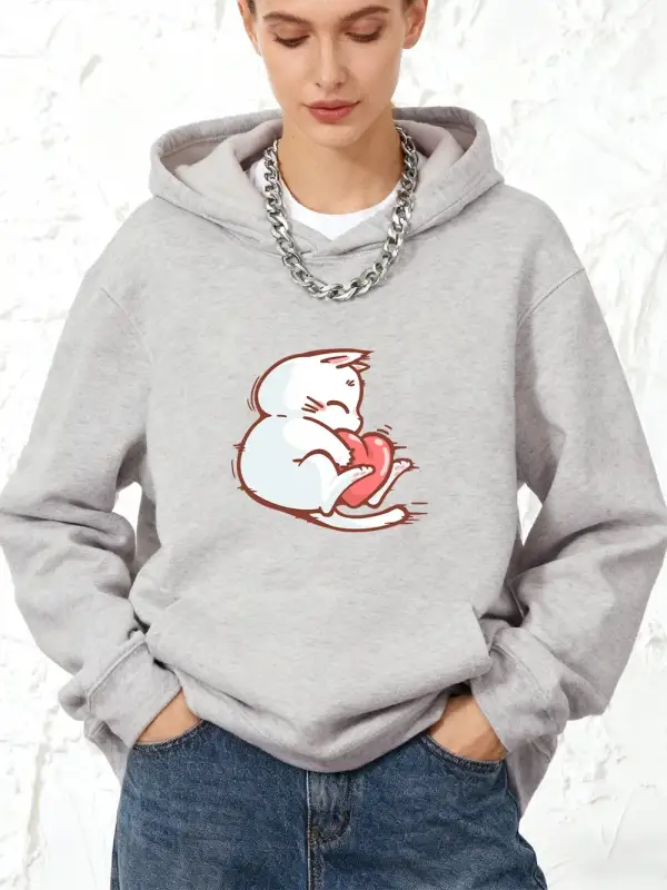 Kırmızı Kalpli Kedi Baskılı Kapüşonlu Sweatshirtler Pamuklu Kadın Eşofman Cepli Kazak Sportif