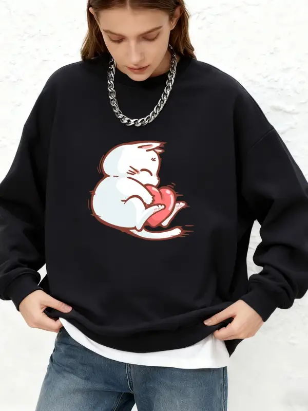 Kırmızı Kalpli Kedi Baskılı Sweatshirt Kadın Günlük Bol Jogger Kapüşonlu Sonbahar Uzun Kollu