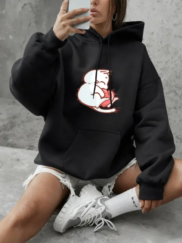 Kırmızı Kalpli Kedi Baskılı Sweatshirtler Kadın Günlük Bol Kapüşonlu Üstler Kışlık Polar Sıca