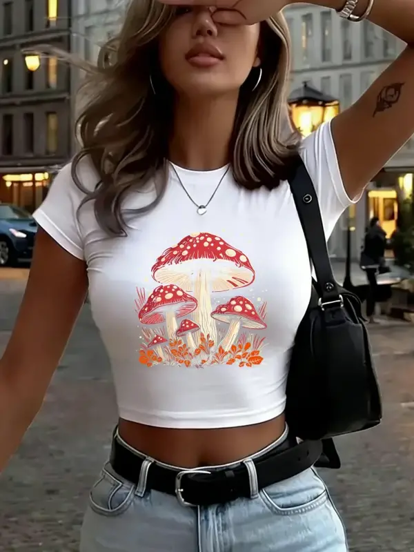 Kırmızı Mantar Kişilik Baskılı Kadın Babby Tees Yaz İnce O-Boyun Tişörtleri Yumuşak Kısa Kollu