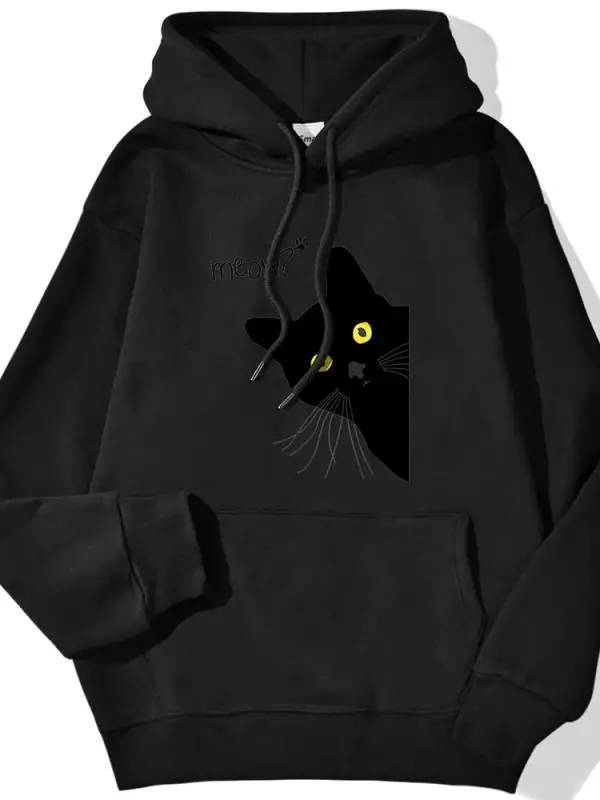 Kış Kadın Hoodies Miyav Siyah Kedi Baskılı Kazak Cep Damla Kollu Hoody Nefes Gevşek Tişörtü S