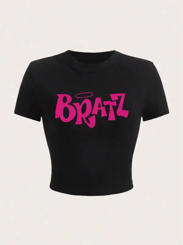 Kişilik Bayan Kırpma T-Shirt Y2K Pembe Bratz Mektup Baskılar Kısa Kollu Yüksek Elastik Yumuşa