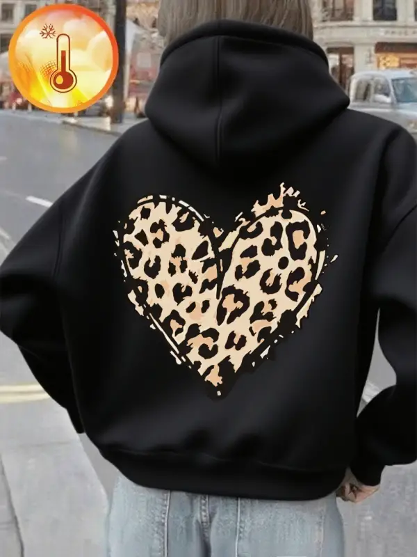 Klasik Leopar Baskı Kapüşonlular Bayanlar Kış Polar Sıcak Tişörtü Temel Cepli Kazaklar Günlük