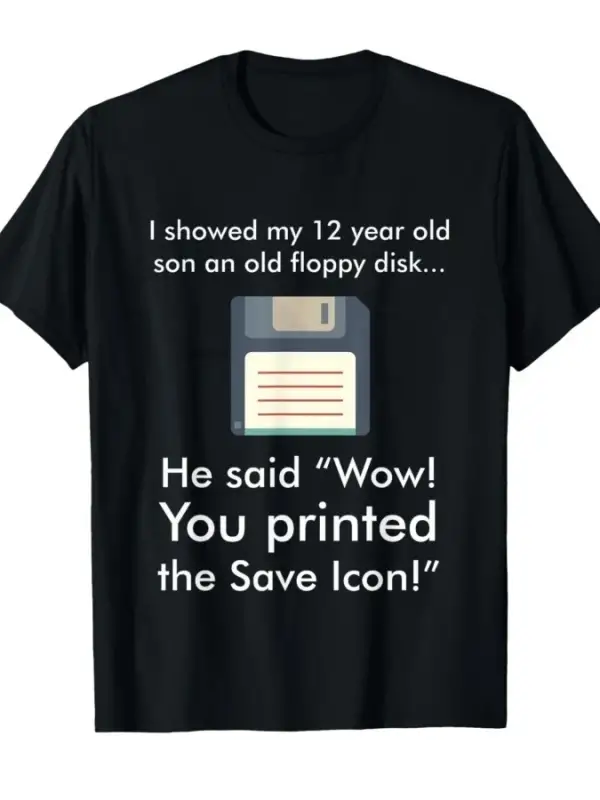 Komik Bilgisayar Uzmanı Disket Baskılı Kaydetme Simgesi Tişörtü Erkek Kadın %100 Pamuk Tişört