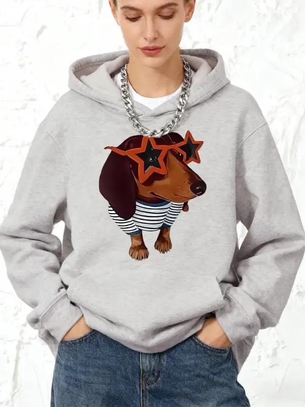 Komik Dachshund Köpek Baskı Pamuk Kapüşonlular Bayan Koşu Cep Kazak Sportif Gevşek Kazak Kış