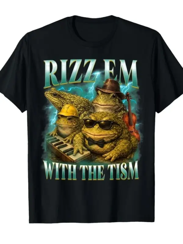 Komik Kurbağa Meme Rizz Em with The Tism Vintage Kurbağa Grafikli Tişört Erkekler Kadınlar i
