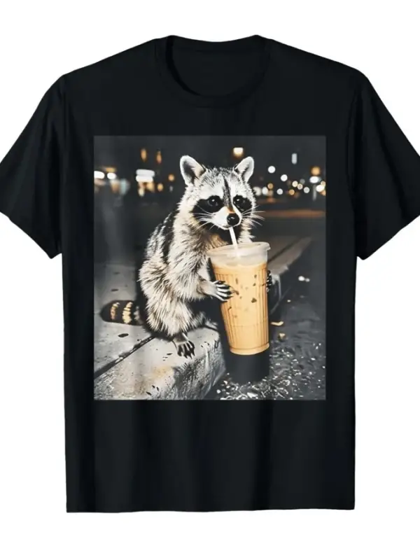 Komik Rakun Buzlu Kahve İçiyor Hayvan Meme T-shirt Erkekler Kadınlar Için % 100% Pamuk T Shir