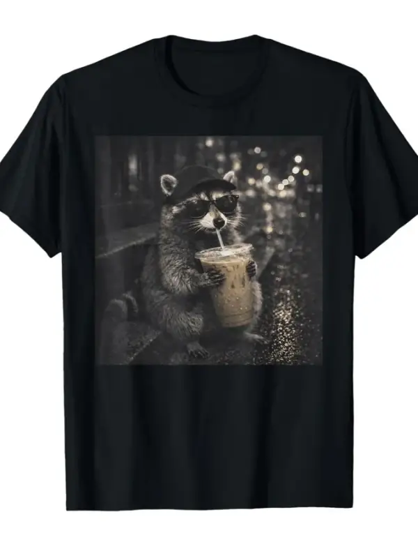 Komik Rakun Buzlu Kahve İçiyor Hayvan Meme T-shirt Erkekler Kadınlar Için % 100% Pamuk T Shir