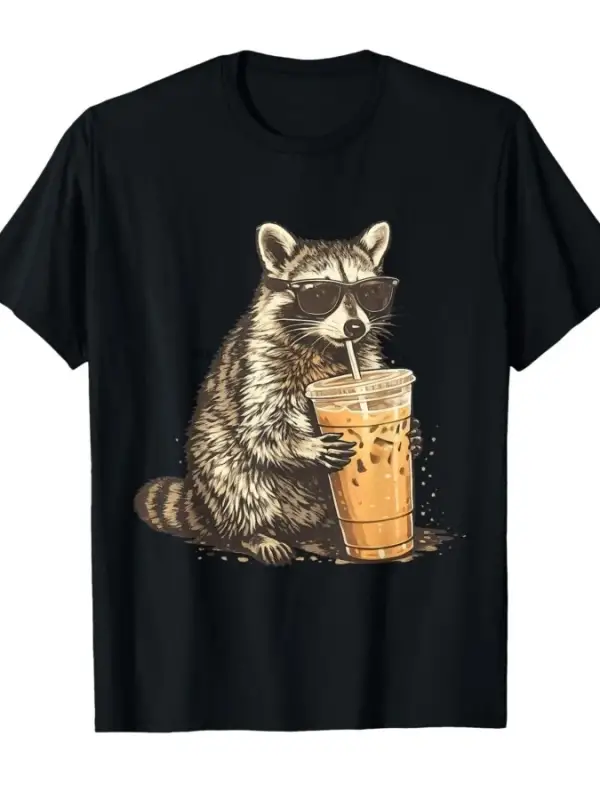 Komik Rakun Buzlu Kahve Komik Hayvan Grafik Alaycı T-shirt Erkekler Kadınlar Için % 100% Pamu