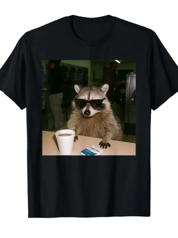 Komik Rakun Kahve İçiyor Güneş Gözlüğü Hayvan Meme T-shirt Erkekler Kadınlar Için % 100% Pamu