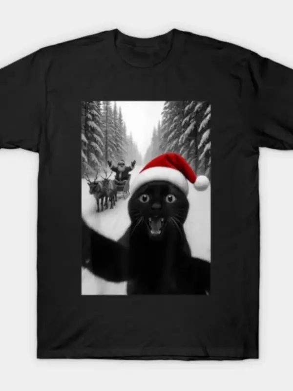 Komik Siyah Kedi Noel Babanın Kızak Arabası ve Ren Geyiği Selfiesi Erkekler ve Kadınlar İçi