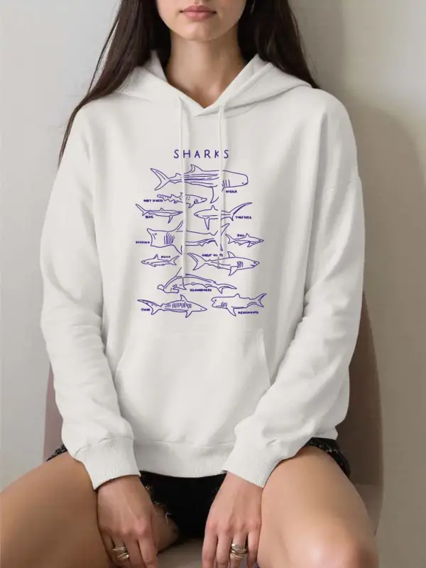 Köpekbalıkları Ve Balinalar Baskı Kapüşonlular Kadın Kış Polar Tişörtü Moda Cep Kazaklar Raha